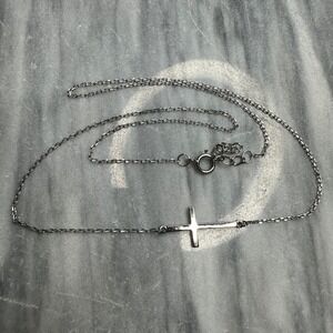 925 Sterling Silver Sideways Cross Necklace Minimalist Cable Chain 16-17 Inch